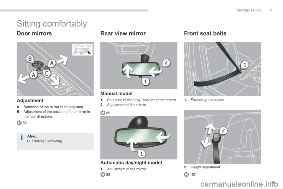Peugeot 3008 Hybrid 4 2014 - RHD (UK. Australia) User Guide .
88
89
15789
Familiarisation15
Sitting comfortably
Door mirrors
Adjustment
A. Selection of the mirror to be adjusted. B. Adjustment of the position of the mirror in the four directions. Peugeot 3008 Hybrid 4 2014 - RHD (UK. Australia) User Guide .
88
89
15789
Familiarisation15
Sitting comfortably
Door mirrors
Adjustment
A. Selection of the mirror to be adjusted. B. Adjustment of the position of the mirror in the four directions.
