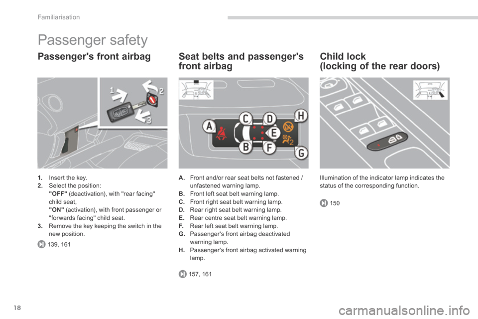 Peugeot 3008 Hybrid 4 2014  Owners Manual - RHD (UK. Australia) 139, 161
157, 161
150
Familiarisation
18
 Passenger  safety 
  Passengers  front  airbag 
1.   Insert the key. 2.   Select  the  position:    "OFF"  (deactivation), with "rear facing" child  seat,   