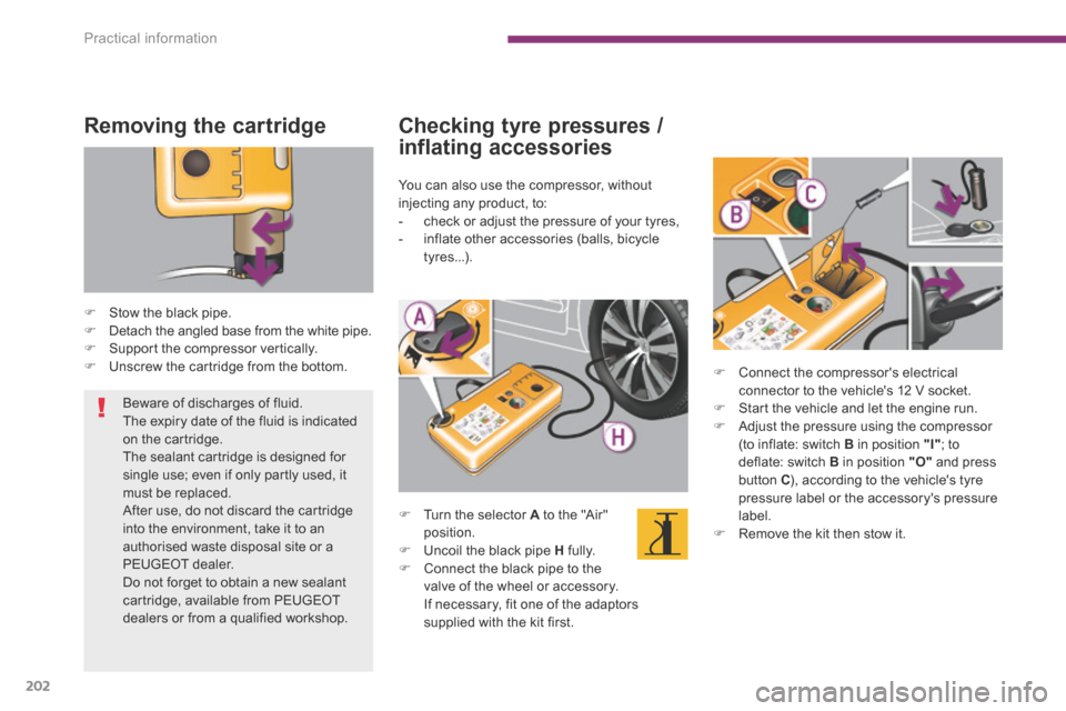 Peugeot 3008 Hybrid 4 2014  Owners Manual - RHD (UK. Australia) Practical information
202
  Removing  the  cartridge 
   Stow the black pipe.    Detach the angled base from the white pipe.    Support the compressor vertically.    Unscrew the cartridge 