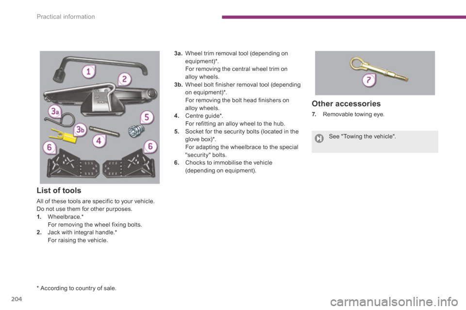 Peugeot 3008 Hybrid 4 2014 Owners Manual - RHD (UK. Australia) Practical information
204
Other accessories
7. Removable towing eye.
* According to country of sale.
See "Towing the vehicle".
List of tools
All of these tools are sp Peugeot 3008 Hybrid 4 2014 Owners Manual - RHD (UK. Australia) Practical information
204
Other accessories
7. Removable towing eye.
* According to country of sale.
See "Towing the vehicle".
List of tools
All of these tools are sp