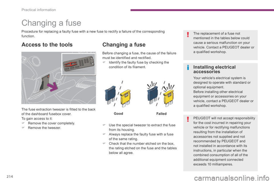 Peugeot 3008 Hybrid 4 2014  Owners Manual - RHD (UK. Australia) Practical information
214
  Access to the tools   Changing  a  fuse 
GoodFailed
   Use the special tweezer to extract the fuse from its housing.    Always replace the faulty fuse with a fuse of 