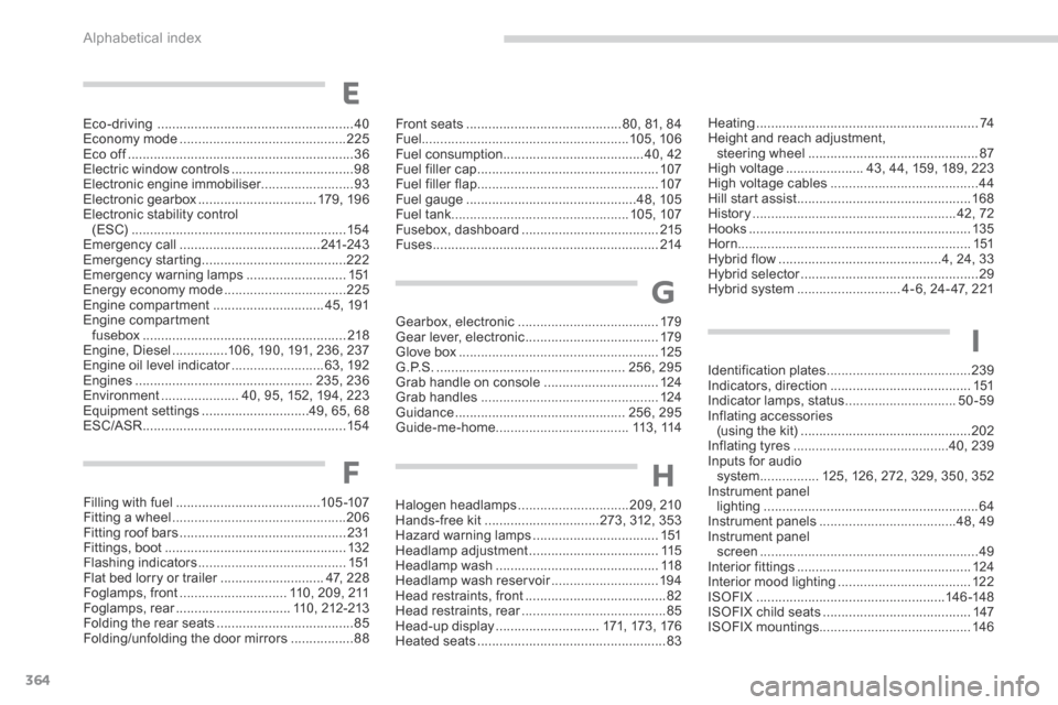 Peugeot 3008 Hybrid 4 2014   - RHD (UK. Australia) User Guide Alphabetical index
364
Filling with fuel .......................................105 -107Fitting a wheel ...............................................206Fitting roof bars ............................