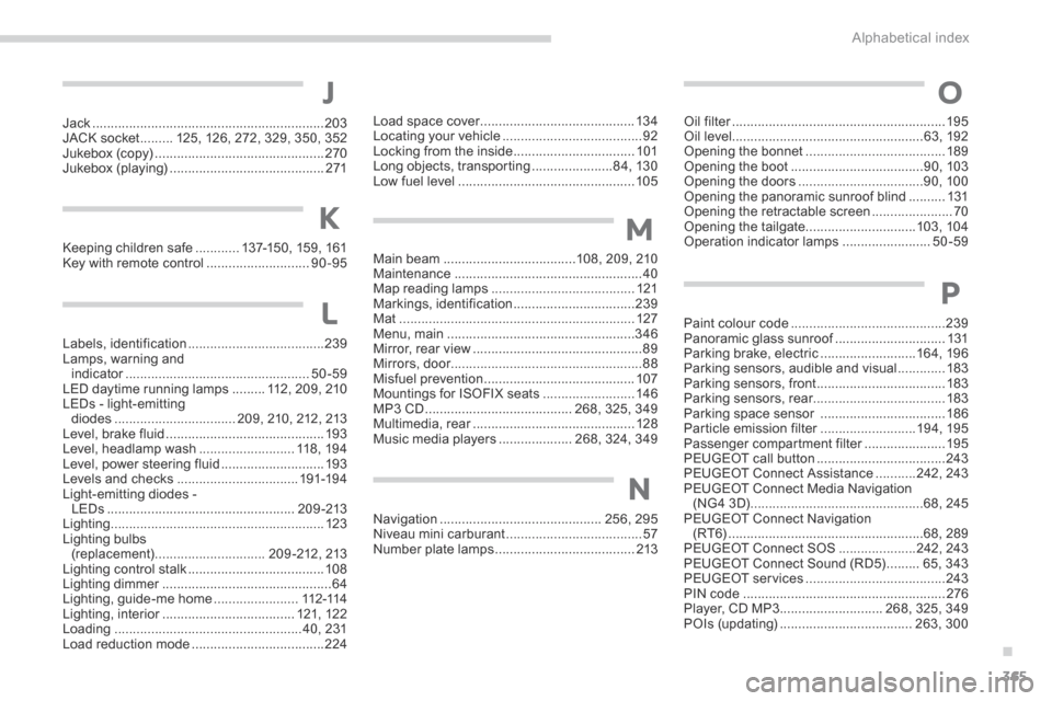 Peugeot 3008 Hybrid 4 2014  Owners Manual - RHD (UK. Australia) .
Alphabetical index365
Jack ...............................................................203JACK socket .........125, 126, 272, 329, 350, 352Jukebox (c opy) ........................................