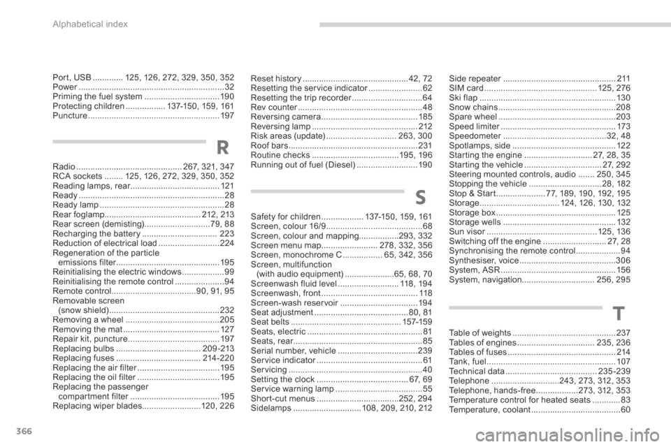 Peugeot 3008 Hybrid 4 2014  Owners Manual - RHD (UK. Australia) Alphabetical index
366
Safety for children ..................137-150, 159, 161Screen, colour 16/9 .........................................68Screen, colour and mapping.................293, 332Screen m