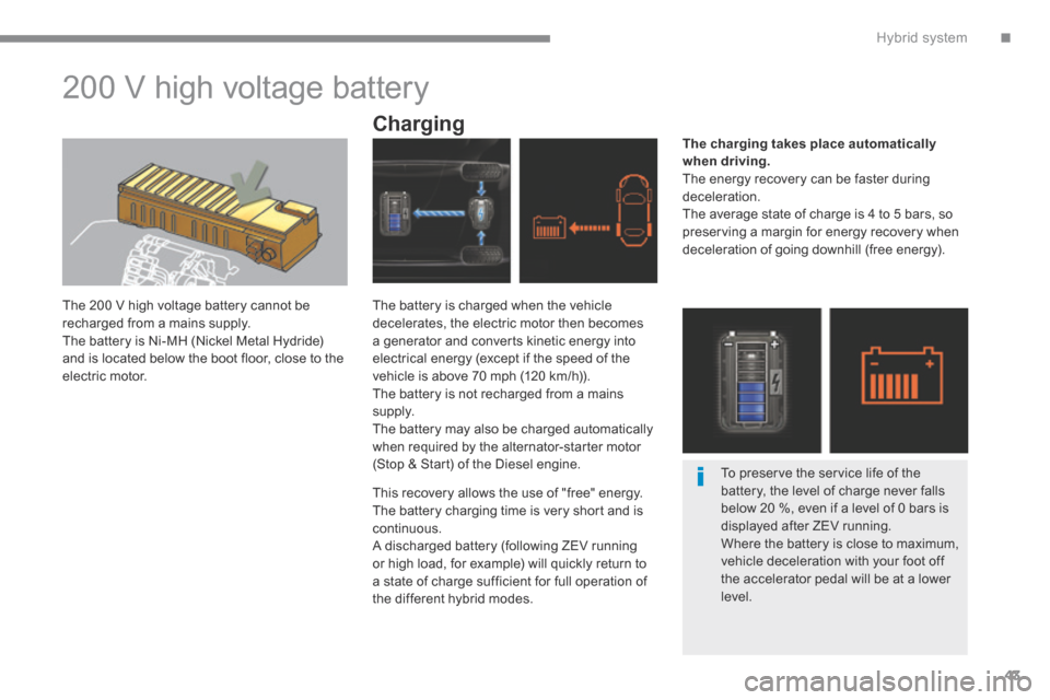 Peugeot 3008 Hybrid 4 2014 - RHD (UK. Australia) Service Manual .Hybrid system43
200 V high voltage battery
The 200 V high voltage battery cannot be recharged from a mains supply. The battery is Ni-MH (Nickel Metal Hydride) and is located below the bo Peugeot 3008 Hybrid 4 2014 - RHD (UK. Australia) Service Manual .Hybrid system43
200 V high voltage battery
The 200 V high voltage battery cannot be recharged from a mains supply. The battery is Ni-MH (Nickel Metal Hydride) and is located below the bo