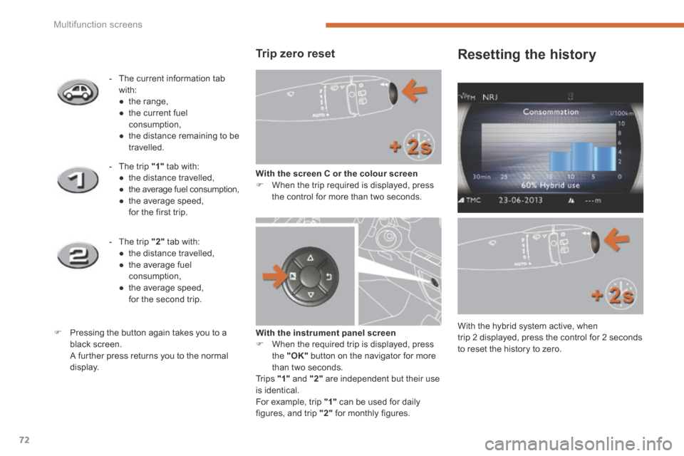 Peugeot 3008 Hybrid 4 2014   - RHD (UK. Australia) Manual PDF Multifunction screens
72
  Trip  zero  reset 
With the screen C or the colour screen   When the trip required is displayed, press the control for more than two seconds.  
    -   The  current  info
