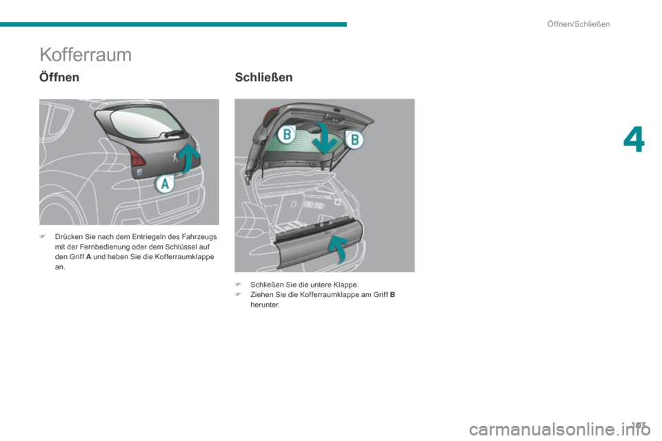 Peugeot 3008 Hybrid 4 2014  Betriebsanleitung (in German) 4
Öffnen/Schließen
103
  Öffnen 
               Kof ferraum 
  Schließen 
   Schließen Sie die untere Klappe.    Ziehen Sie die Kofferraumklappe am Griff  Bherunter.   
   Drücken Sie n