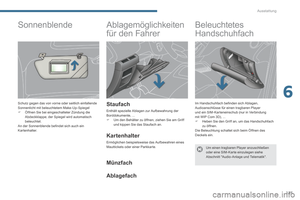 Peugeot 3008 Hybrid 4 2014  Betriebsanleitung (in German) 6
Ausstattung
125
      
Ablagemöglichkeiten 
für den Fahrer 
  Staufach 
 Enthält spezielle Ablagen zur Aufbewahrung der Borddokumente, ...    Um den Behälter zu öffnen, ziehen Sie am Griff u