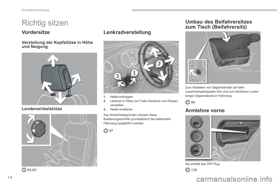 Peugeot 3008 Hybrid 4 2014  Betriebsanleitung (in German) 82-83
87
126
84
Kurzbeschreibung
14
 Richtig  sitzen 
  Vord er si t ze 
  Verstellung der Kopfstütze in Höhe und  Neigung  
  Lendenwirbelstütze   
  Lenkradverstellung 
1.   Hebel  entriegeln 2. 