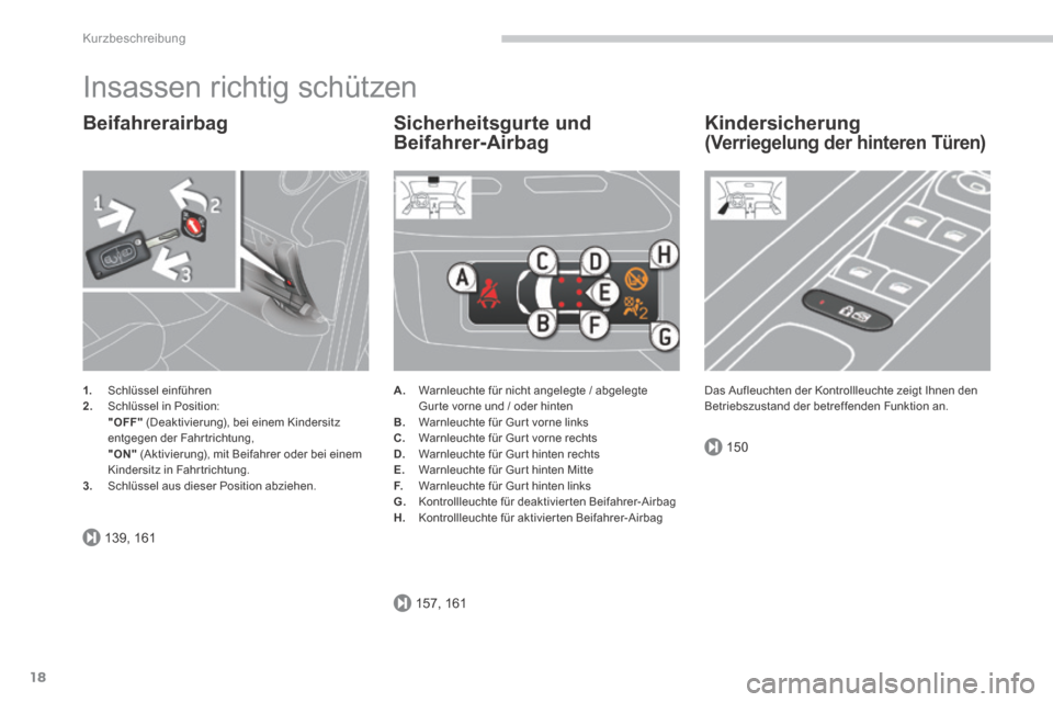 Peugeot 3008 Hybrid 4 2014  Betriebsanleitung (in German) 139, 161
157, 161
150
Kurzbeschreibung
18
 Insassen richtig schützen 
  Beifahrerairbag 
1.   Schlüssel  einführen 2.   Schlüssel  in  Position:      "OFF"  (Deaktivierung), bei einem Kindersitz e