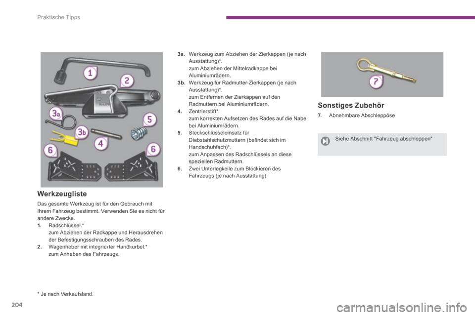 Peugeot 3008 Hybrid 4 2014  Betriebsanleitung (in German) Praktische Tipps
204
  Sonstiges  Zubehör 
7.   Abnehmbare  Abschleppöse 
  *    Je  nach  Verkaufsland.  
 Siehe  Abschnitt  "Fahrzeug  abschleppen"     
  Werkzeugliste 
 Das gesamte Werkzeug ist 