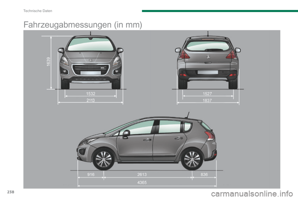 Peugeot 3008 Hybrid 4 2014 Betriebsanleitung (in German) Technische Daten
238
Fahrzeugabmessungen (in mm) Peugeot 3008 Hybrid 4 2014 Betriebsanleitung (in German) Technische Daten
238
Fahrzeugabmessungen (in mm)