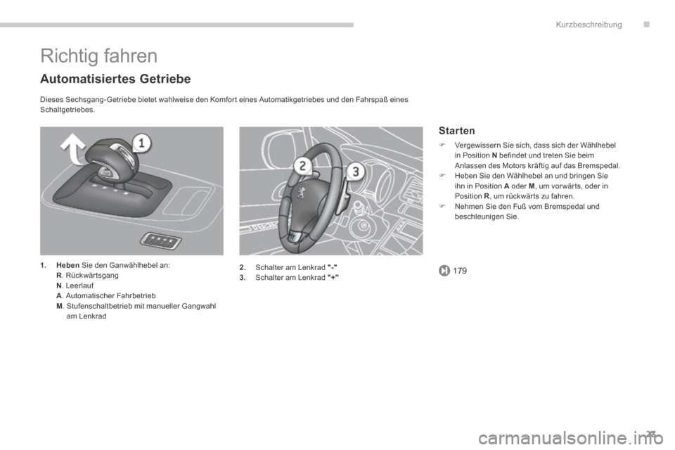 Peugeot 3008 Hybrid 4 2014 Betriebsanleitung (in German) .
179
Kurzbeschreibung
23
Richtig fahren
Automatisiertes Getriebe
Dieses Sechsgang- Getriebe bietet wahlweise den Komfor t eines Automatikgetriebes und den Fahrspaß eines Schaltgetriebes.
1 Peugeot 3008 Hybrid 4 2014 Betriebsanleitung (in German) .
179
Kurzbeschreibung
23
Richtig fahren
Automatisiertes Getriebe
Dieses Sechsgang- Getriebe bietet wahlweise den Komfor t eines Automatikgetriebes und den Fahrspaß eines Schaltgetriebes.
1