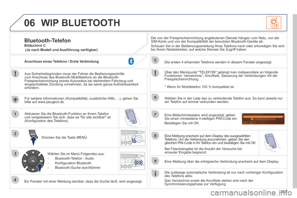 Peugeot 3008 Hybrid 4 2014  Betriebsanleitung (in German) 06
353
 WIP  BLUETOOTH 
  Aus Sicherheitsgründen muss der Fahrer die Bedienungsschritte zum Anschluss des Bluetooth-Mobiltelefons an die Bluetooth-Freisprecheinrichtung seines Autoradios bei stehende
