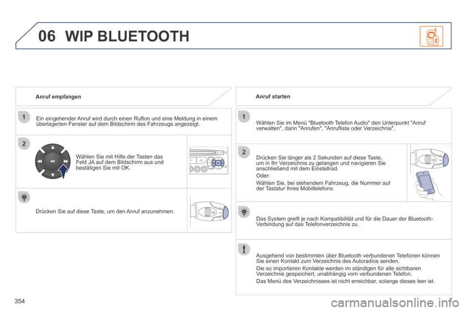 Peugeot 3008 Hybrid 4 2014  Betriebsanleitung (in German) 06
354
  Anruf  empfangen  
  Ein eingehender Anruf wird durch einen Rufton und eine Meldung in einem überlagerten Fenster auf dem Bildschirm des Fahrzeugs angezeigt.  
  Wählen Sie mit Hilfe der Ta