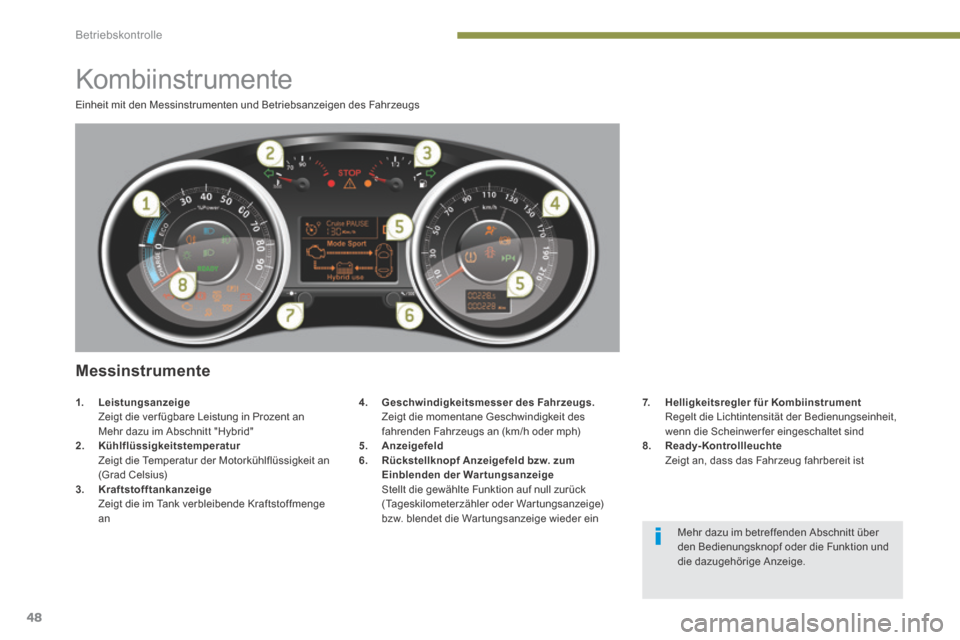 Peugeot 3008 Hybrid 4 2014 Betriebsanleitung (in German) Betriebskontrolle
48
Einheit mit den Messinstrumenten und Betriebsanzeigen des Fahrzeugs
Kombiinstrumente
Messinstrumente
4. Geschwindigkeitsmesser Geschwindigkeitsmesser G Peugeot 3008 Hybrid 4 2014 Betriebsanleitung (in German) Betriebskontrolle
48
Einheit mit den Messinstrumenten und Betriebsanzeigen des Fahrzeugs
Kombiinstrumente
Messinstrumente
4. Geschwindigkeitsmesser Geschwindigkeitsmesser G