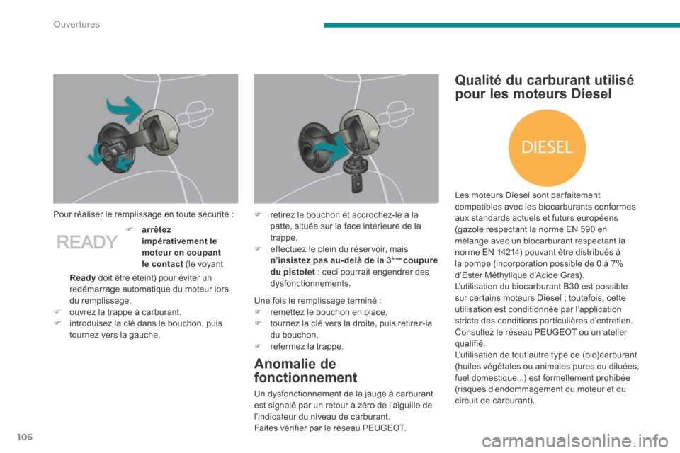 Peugeot 3008 Hybrid 4 2014  Manuel du propriétaire (in French) DIESEL
Ouvertures
106
  Pour réaliser le remplissage en toute sécurité : 
  Une fois le remplissage terminé :    remettez le bouchon en place,    tournez la clé vers la droite, puis retirez