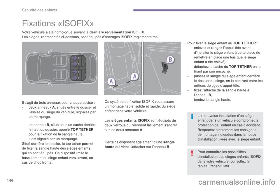 Peugeot 3008 Hybrid 4 2014  Manuel du propriétaire (in French) Sécurité des enfants
146
            Fixations  «ISOFIX»  
  Il s’agit de trois anneaux pour chaque assise :    -   deux  anneaux   A , situés entre le dossier et l’assise du siège du véhic