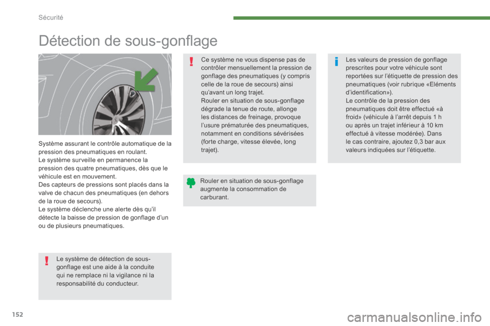 Peugeot 3008 Hybrid 4 2014  Manuel du propriétaire (in French) Sécurité
152
         Détection de sous-gonﬂ age  
  Système assurant le contrôle automatique de la pression des pneumatiques en roulant.  Le système surveille en permanence la pression des qu