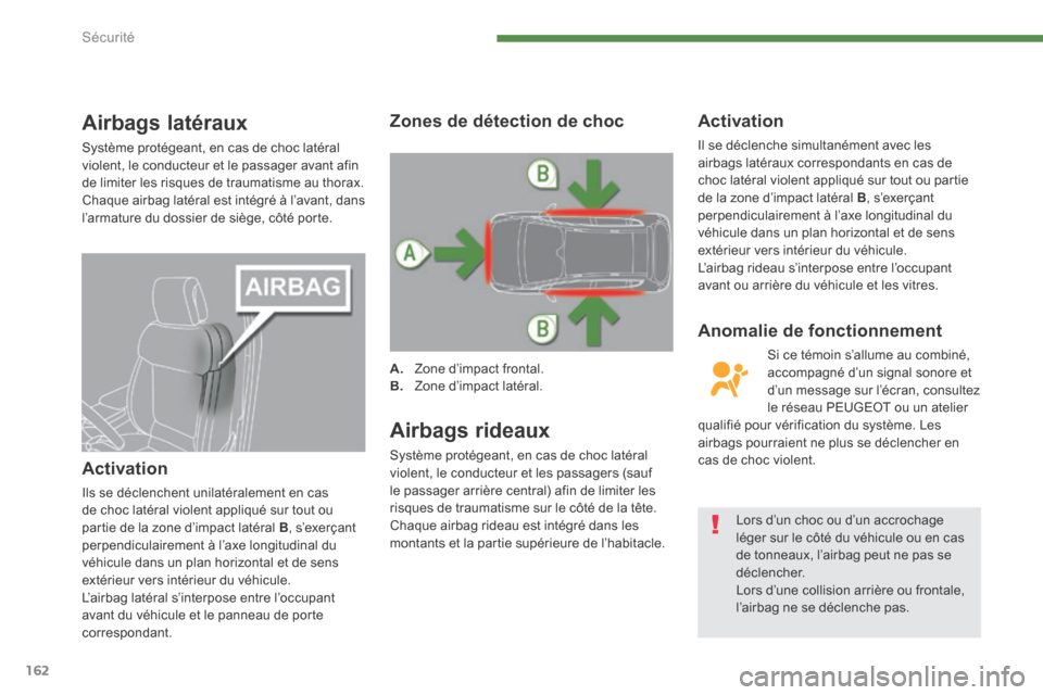 Peugeot 3008 Hybrid 4 2014  Manuel du propriétaire (in French) Sécurité
162
Airbags latéraux 
 Système protégeant, en cas de choc latéral violent, le conducteur et le passager avant afin de limiter les risques de traumatisme au thorax.  Chaque airbag latér
