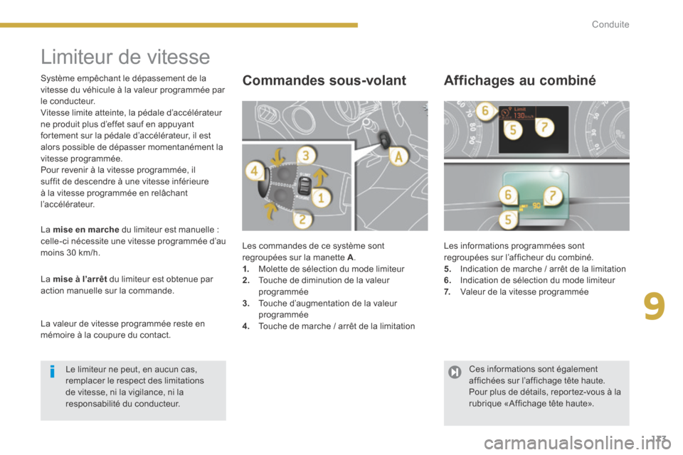 Peugeot 3008 Hybrid 4 2014  Manuel du propriétaire (in French) 9
173
Conduite
      
Limiteur de vitesse 
 Les commandes de ce système sont regroupées sur la manette  A . 1.   Molette de sélection du mode limiteur 2.   Touche de diminution de la valeur program