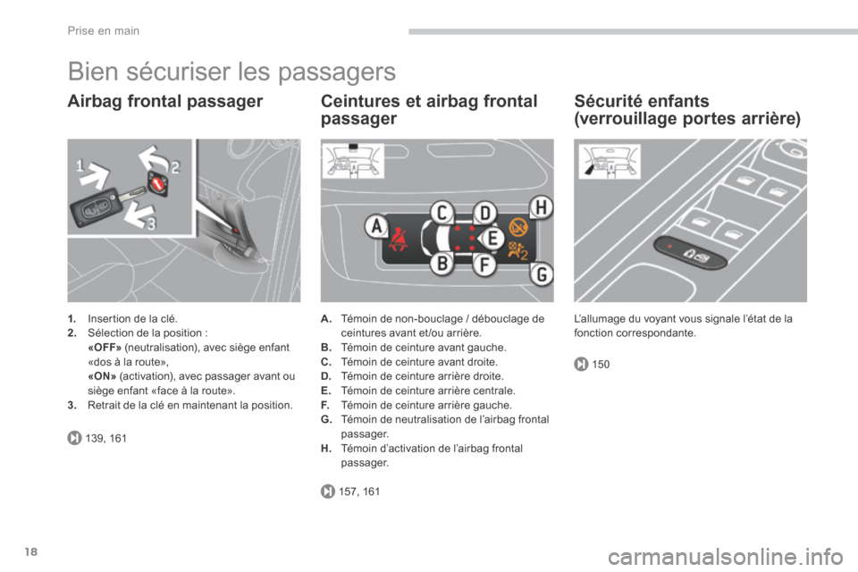 Peugeot 3008 Hybrid 4 2014  Manuel du propriétaire (in French) 139, 161
157, 161
150
Prise en main
18
 Bien sécuriser les passagers 
  Airbag  frontal  passager 
1.   Insertion de la clé. 2.   Sélection de la position :    «OFF»  (neutralisation), avec sièg