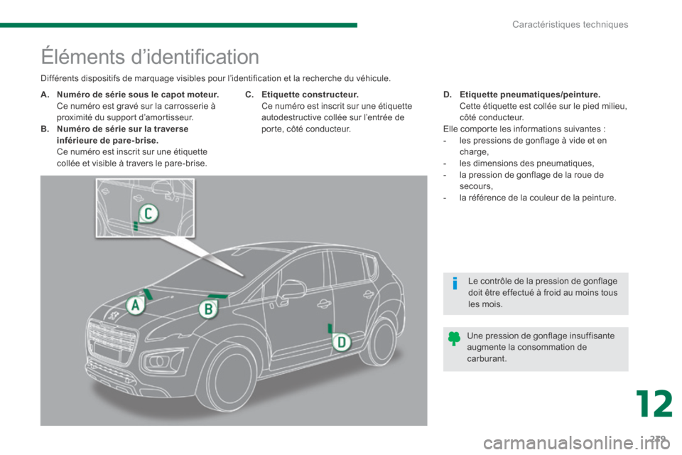 Peugeot 3008 Hybrid 4 2014 Manuel du propriétaire (in French) 12
Caractéristiques techniques239
Éléments d’identifi cation
A. Numéro de série sous le capot moteur. Ce numéro est gravé sur la carrosserie à proximité d Peugeot 3008 Hybrid 4 2014 Manuel du propriétaire (in French) 12
Caractéristiques techniques239
Éléments d’identifi cation
A. Numéro de série sous le capot moteur. Ce numéro est gravé sur la carrosserie à proximité d