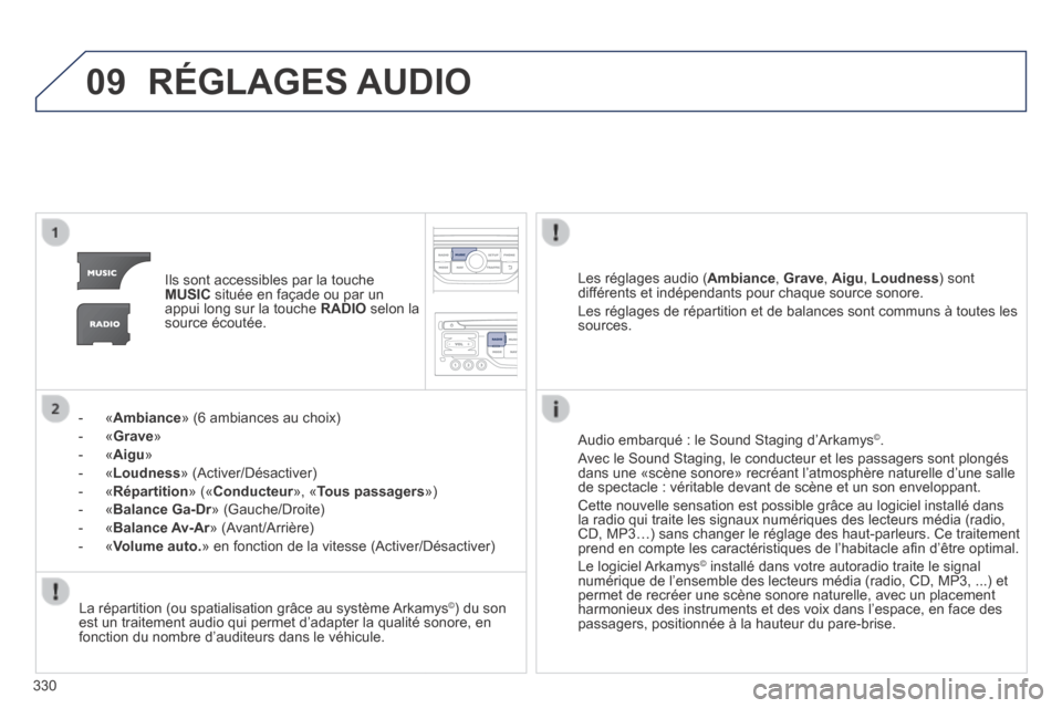 Peugeot 3008 Hybrid 4 2014  Manuel du propriétaire (in French) 09
330
 RÉGLAGES  AUDIO 
   Ils sont accessibles par la touche MUSIC  située en façade ou par un appui long sur la touche  RADIO  selon la source  écoutée.  
    -   « Ambiance » (6 ambiances a