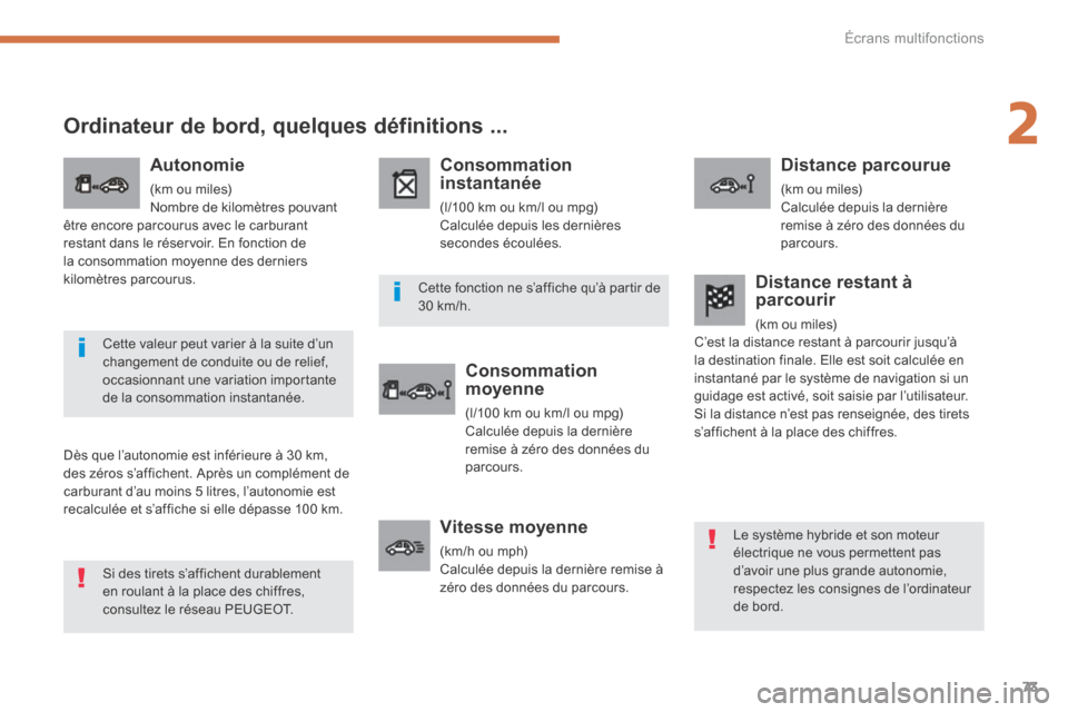 Peugeot 3008 Hybrid 4 2014  Manuel du propriétaire (in French) 2
Écrans multifonctions73
Ordinateur de bord, quelques définitions ... 
  Dès que l’autonomie est inférieure à 30 km, des zéros s’affichent. Après un complément de carburant d’au moins 5