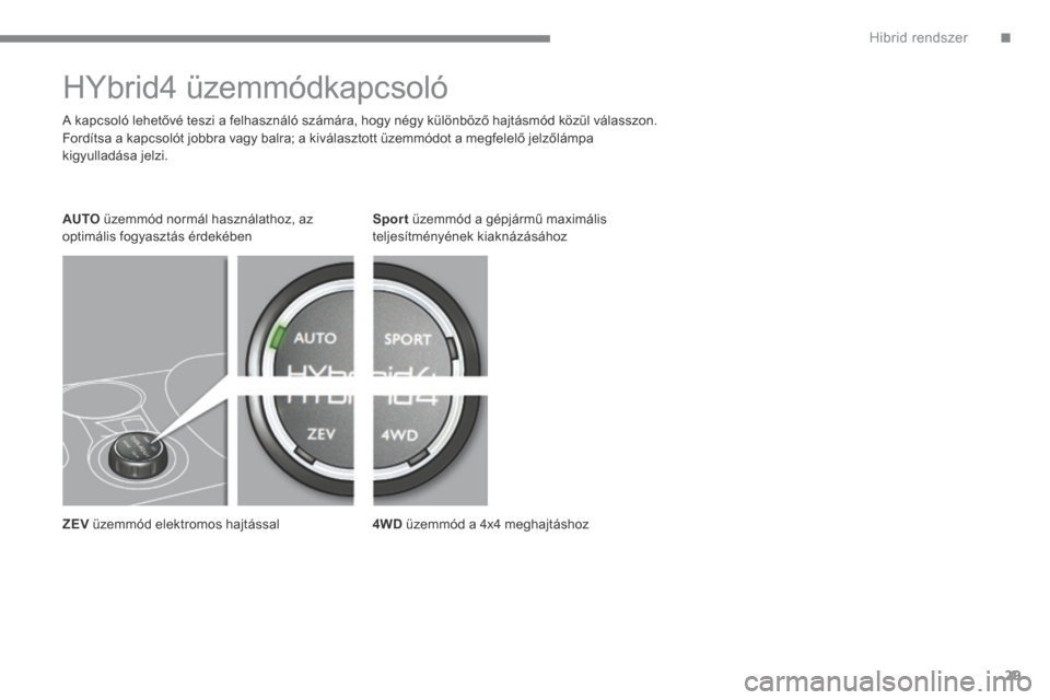 Peugeot 3008 Hybrid 4 2014  Kezelési útmutató (in Hungarian) .Hibrid rendszer29
         HYbrid4  üzemmódkapcsoló  
  A kapcsoló lehetővé teszi a felhasználó számára, hogy négy különböző hajtásmód közül válasszon.  Fordítsa a kapcsolót job