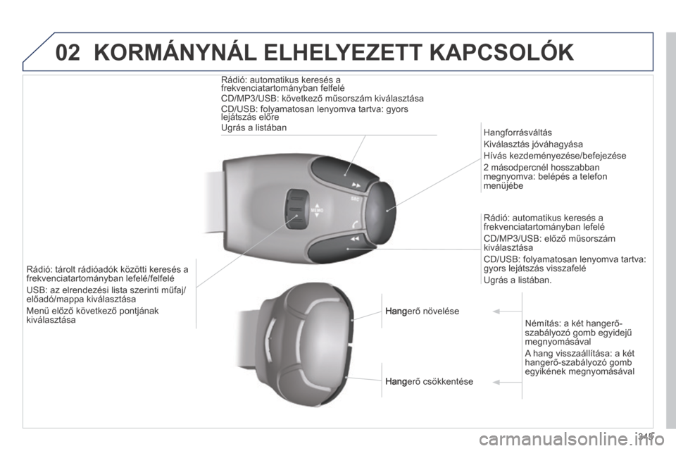 Peugeot 3008 Hybrid 4 2014 Kezelési útmutató (in Hungarian) 02
345
KORMÁNYNÁL ELHELYEZETT KAPCSOLÓK
Rádió: automatikus keresés a frekvenciatartományban felfelé CD/MP3/USB: következő műsorszám kiválasztása CD/USB: folyamatosan lenyomva tartv Peugeot 3008 Hybrid 4 2014 Kezelési útmutató (in Hungarian) 02
345
KORMÁNYNÁL ELHELYEZETT KAPCSOLÓK
Rádió: automatikus keresés a frekvenciatartományban felfelé CD/MP3/USB: következő műsorszám kiválasztása CD/USB: folyamatosan lenyomva tartv