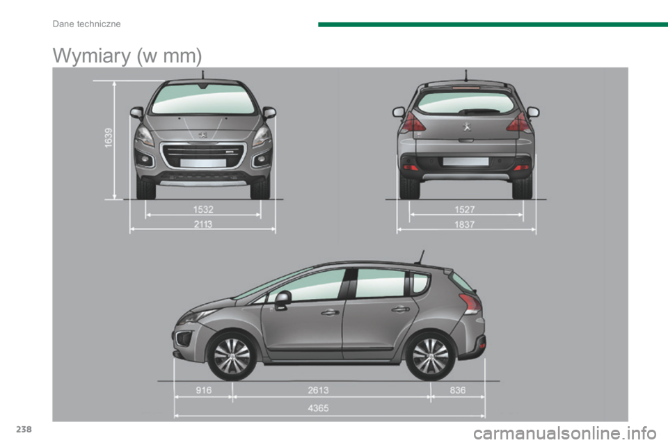 Peugeot 3008 Hybrid 4 2014 Instrukcja Obsługi (in Polish) Dane techniczne
238
Wymiary (w mm) Peugeot 3008 Hybrid 4 2014 Instrukcja Obsługi (in Polish) Dane techniczne
238
Wymiary (w mm)
