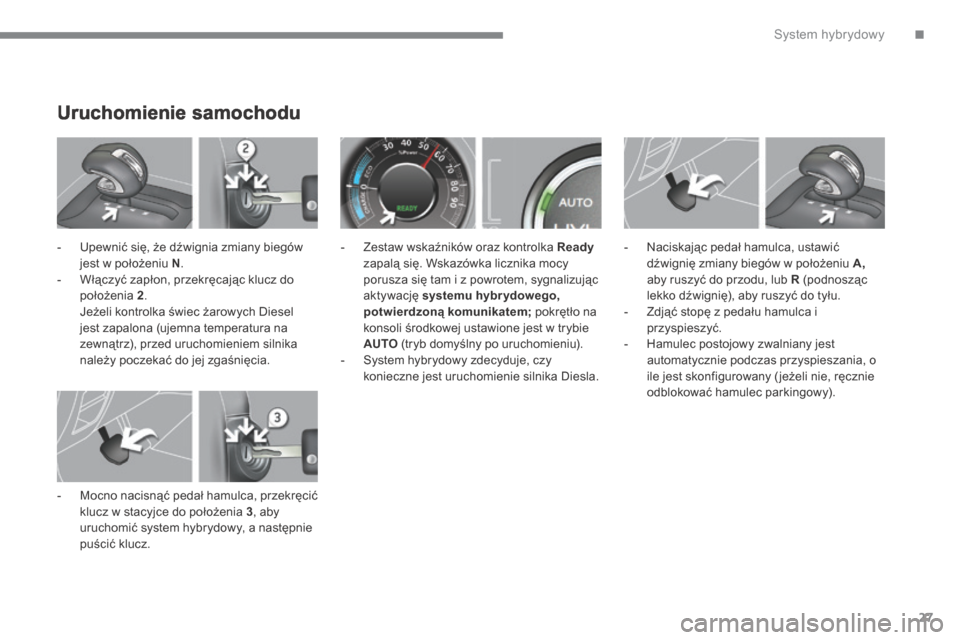Peugeot 3008 Hybrid 4 2014 Instrukcja Obsługi (in Polish) .System hybrydowy27
Uruchomienie samochodu
- Upewnić się, że dźwignia zmiany biegów jest w położeniu N . - Włączyć zapłon, przekręcając klucz do położenia 2 . Jeżeli k Peugeot 3008 Hybrid 4 2014 Instrukcja Obsługi (in Polish) .System hybrydowy27
Uruchomienie samochodu
- Upewnić się, że dźwignia zmiany biegów jest w położeniu N . - Włączyć zapłon, przekręcając klucz do położenia 2 . Jeżeli k