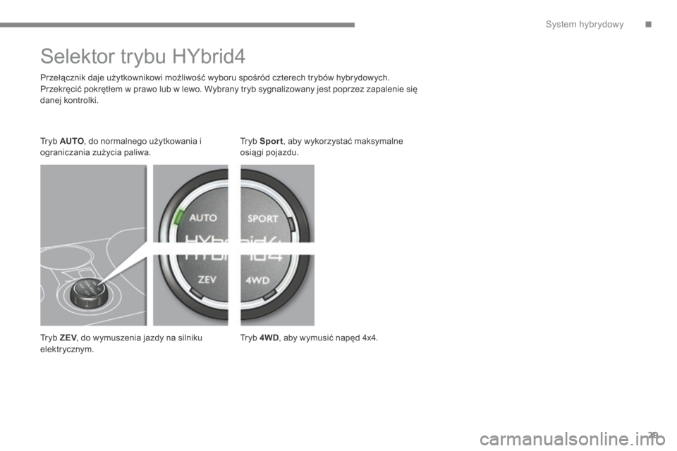 Peugeot 3008 Hybrid 4 2014 Instrukcja Obsługi (in Polish) .System hybrydowy29
Selektor trybu HYbrid4
Przełącznik daje użytkownikowi możliwość wyboru spośród czterech trybów hybrydowych. Przekręcić pokrętłem w prawo lub w lewo. Wybr Peugeot 3008 Hybrid 4 2014 Instrukcja Obsługi (in Polish) .System hybrydowy29
Selektor trybu HYbrid4
Przełącznik daje użytkownikowi możliwość wyboru spośród czterech trybów hybrydowych. Przekręcić pokrętłem w prawo lub w lewo. Wybr