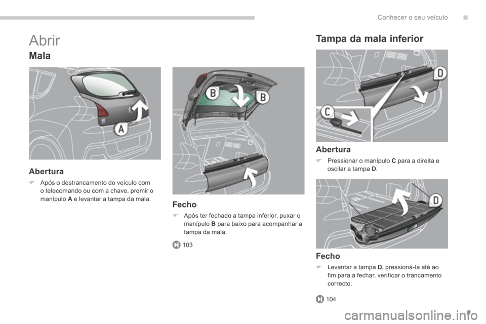 Peugeot 3008 Hybrid 4 2014  Manual do proprietário (in Portuguese) .
103
104
Conhecer o seu veículo9
 Abrir 
  Mala 
  Abertura 
   Após o destrancamento do veículo com o telecomando ou com a chave, premir o manípulo  A  e levantar a tampa da mala.     Fecho 
