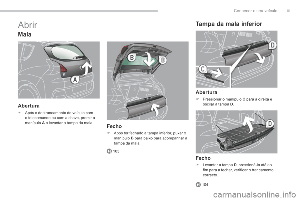 Peugeot 3008 Hybrid 4 2014 Manual do proprietário (in Portuguese) .
103
104
Conhecer o seu veículo9
Abrir
Mala
Abertura
Após o destrancamento do veículo com o telecomando ou com a chave, premir o manípulo A e levantar a tampa da mala. Fecho
Peugeot 3008 Hybrid 4 2014 Manual do proprietário (in Portuguese) .
103
104
Conhecer o seu veículo9
Abrir
Mala
Abertura
Após o destrancamento do veículo com o telecomando ou com a chave, premir o manípulo A e levantar a tampa da mala. Fecho