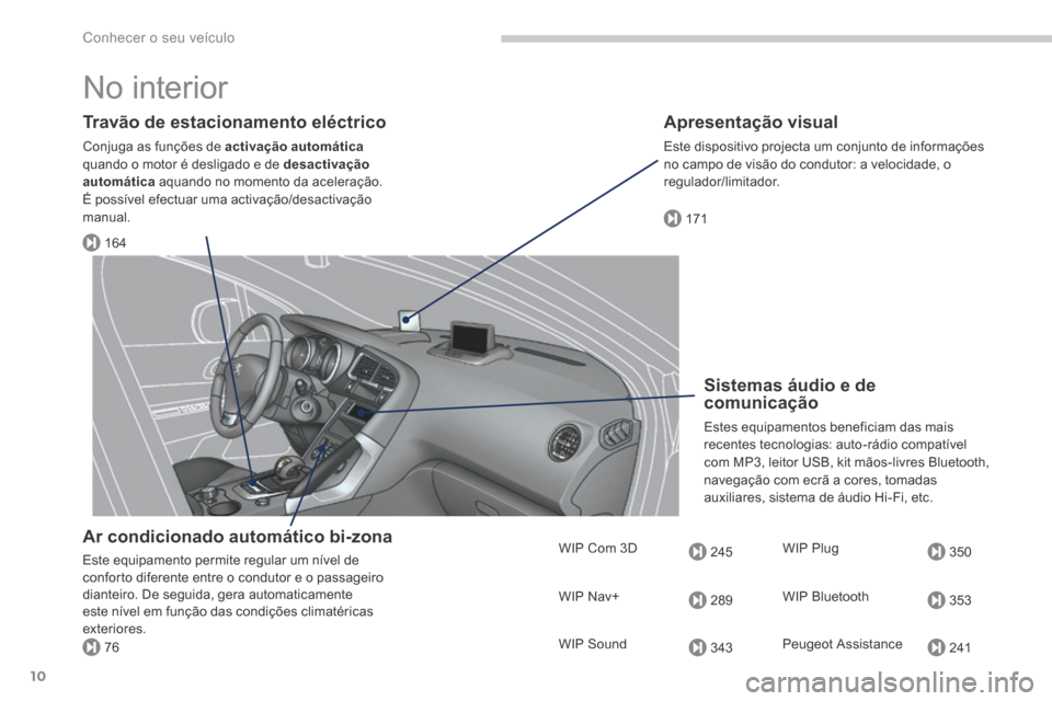 Peugeot 3008 Hybrid 4 2014  Manual do proprietário (in Portuguese) 164
171
245
289
343
350
353
24176
Conhecer o seu veículo
10
 No  interior  
  Travão de estacionamento eléctrico 
 Conjuga as funções de  activação automáticaquando o motor é desligado e de  
