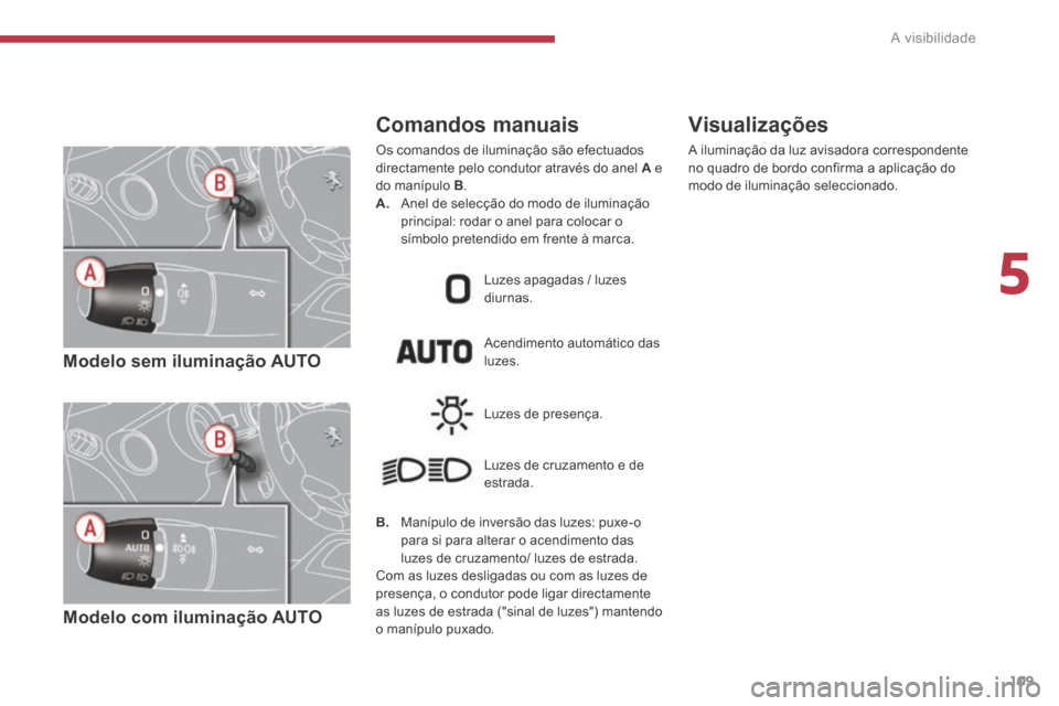 Peugeot 3008 Hybrid 4 2014  Manual do proprietário (in Portuguese) 5
A visibilidade109
   Modelo  sem  iluminação  AUTO   
   Modelo  com  iluminação  AUTO   
Acendimento automático das luzes. 
  Comandos  manuais 
 Os comandos de iluminação são efectuados di
