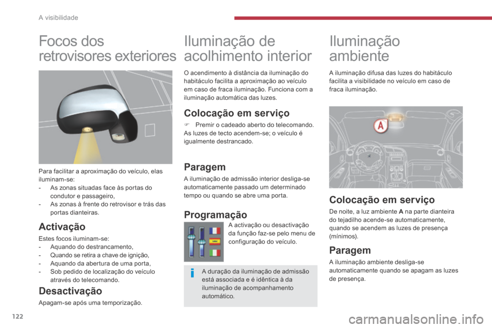 Peugeot 3008 Hybrid 4 2014 Manual do proprietário (in Portuguese) A visibilidade
122
Iluminação
ambiente
Iluminação de
acolhimento interior
O acendimento à distância da iluminação do habitáculo facilita a aproximação ao veículo em c Peugeot 3008 Hybrid 4 2014 Manual do proprietário (in Portuguese) A visibilidade
122
Iluminação
ambiente
Iluminação de
acolhimento interior
O acendimento à distância da iluminação do habitáculo facilita a aproximação ao veículo em c