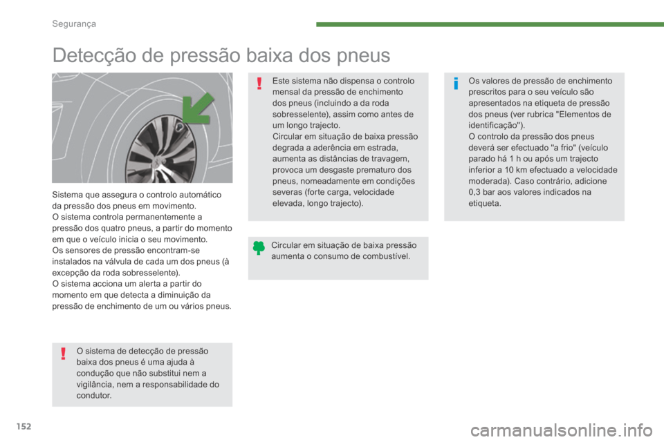 Peugeot 3008 Hybrid 4 2014 Manual do proprietário (in Portuguese) Segurança
152
Detecção de pressão baixa dos pneus
Sistema que assegura o controlo automático da pressão dos pneus em movimento. O sistema controla permanentemente a pressão dos qu Peugeot 3008 Hybrid 4 2014 Manual do proprietário (in Portuguese) Segurança
152
Detecção de pressão baixa dos pneus
Sistema que assegura o controlo automático da pressão dos pneus em movimento. O sistema controla permanentemente a pressão dos qu