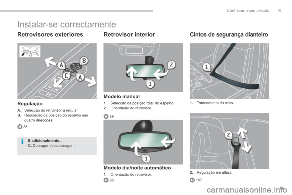 Peugeot 3008 Hybrid 4 2014  Manual do proprietário (in Portuguese) .
88
89
15789
Conhecer o seu veículo15
 Instalar-se  correctamente 
  Retrovisores  exteriores 
  Regulação 
A.   Selecção do retrovisor a regular. B.    Regulação da posição do espelho nas q