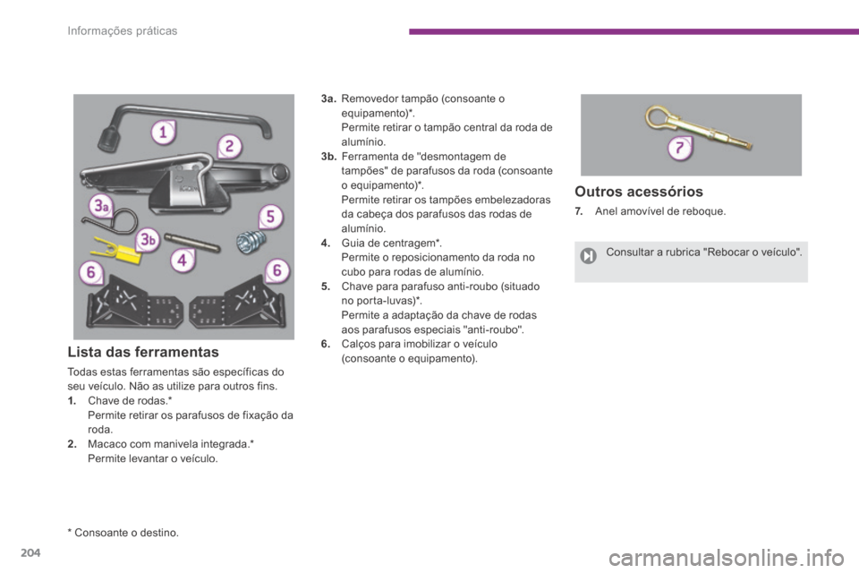 Peugeot 3008 Hybrid 4 2014  Manual do proprietário (in Portuguese) Informações práticas
204
  Outros  acessórios 
7.   Anel amovível de reboque. 
  *    Consoante  o  destino.  
 Consultar  a  rubrica  "Rebocar  o  veículo".     
  Lista  das  ferramentas 
 Tod
