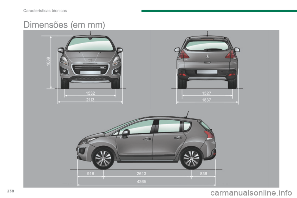 Peugeot 3008 Hybrid 4 2014 Manual do proprietário (in Portuguese) Características técnicas
238
Dimensões (em mm) Peugeot 3008 Hybrid 4 2014 Manual do proprietário (in Portuguese) Características técnicas
238
Dimensões (em mm)