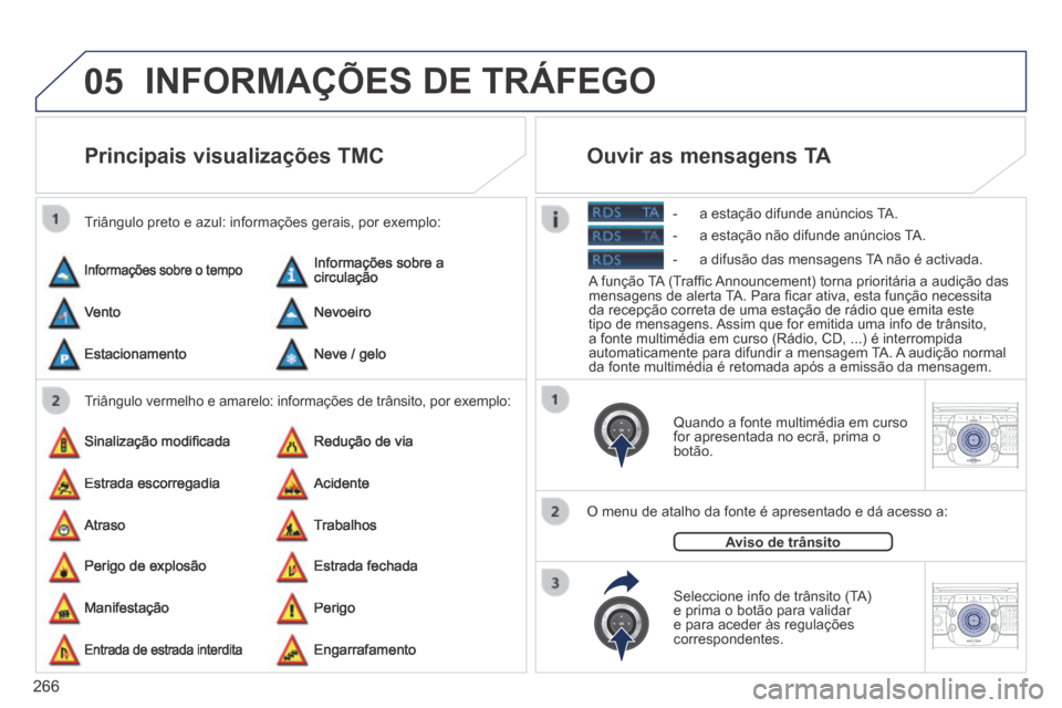 Peugeot 3008 Hybrid 4 2014  Manual do proprietário (in Portuguese) 05
2ABC3DEF5JKL4GHI6MNO8TUV7PQR S9WXYZ0*#
1RADIO MEDIA NA
V TRAFFIC
SETUPADDR
BOOK
2ABC3DEF5JKL4GHI6MNO8TUV7PQR S9WXYZ0*#
1RADIO MEDIA NA
V TRAFFIC
SETUPADDR
BOOK
266
 INFORMAÇÕES DE TRÁFEGO 
Princ