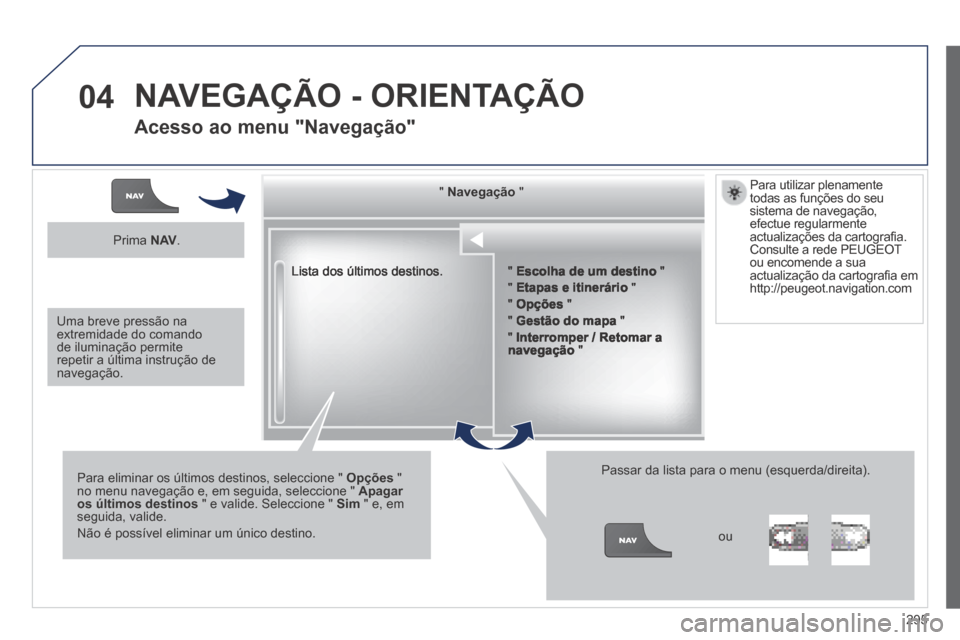 Peugeot 3008 Hybrid 4 2014 Manual do proprietário (in Portuguese) 04
295
Lista dos últimos destinos.
" " " " " " " " " " " " " " " " " " " " " " " NavegaçãoNavegaçãoN Peugeot 3008 Hybrid 4 2014 Manual do proprietário (in Portuguese) 04
295
Lista dos últimos destinos.
" " " " " " " " " " " " " " " " " " " " " " " NavegaçãoNavegaçãoN