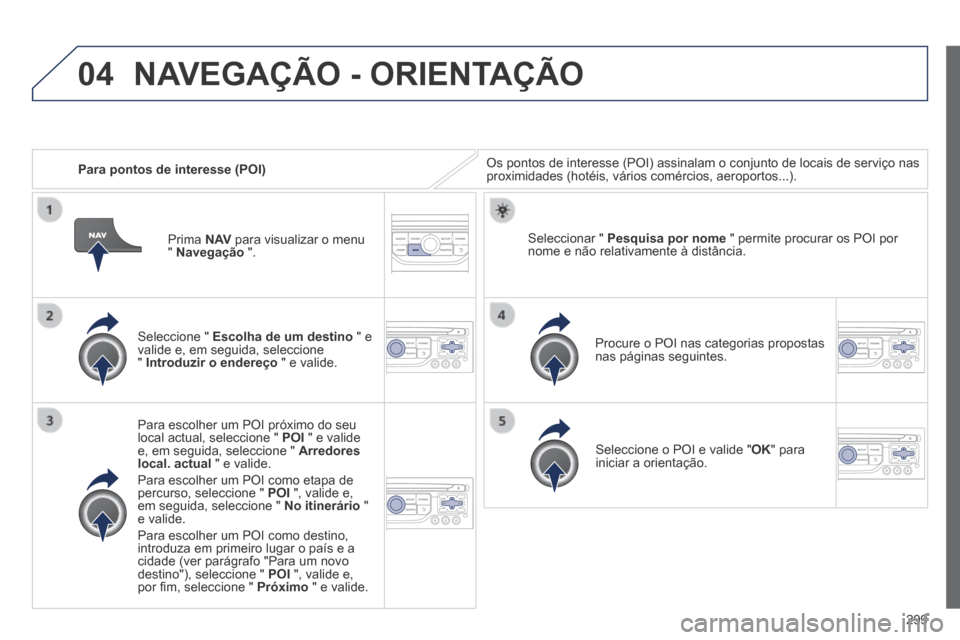 Peugeot 3008 Hybrid 4 2014 Manual do proprietário (in Portuguese) 04
299
Para pontos de interesse (POI) Os pontos de interesse (POI) assinalam o conjunto de locais de serviç\
o nas proximidades (hotéis, vários comércios, aeroportos...).
Seleccione " E Peugeot 3008 Hybrid 4 2014 Manual do proprietário (in Portuguese) 04
299
Para pontos de interesse (POI) Os pontos de interesse (POI) assinalam o conjunto de locais de serviç\
o nas proximidades (hotéis, vários comércios, aeroportos...).
Seleccione " E