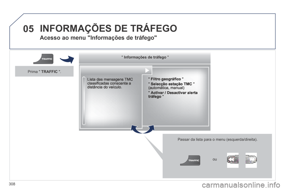 Peugeot 3008 Hybrid 4 2014 Manual do proprietário (in Portuguese) 05
308
Acesso ao menu "Informações de tráfego"
Lista das mensagens TMC classifi cadas consoante a distância do veículo.
Passar da lista para o menu (esquerda/direita).
" " Peugeot 3008 Hybrid 4 2014 Manual do proprietário (in Portuguese) 05
308
Acesso ao menu "Informações de tráfego"
Lista das mensagens TMC classifi cadas consoante a distância do veículo.
Passar da lista para o menu (esquerda/direita).
" "