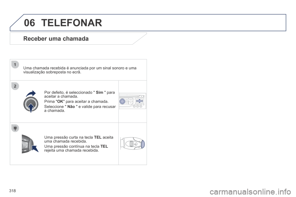 Peugeot 3008 Hybrid 4 2014  Manual do proprietário (in Portuguese) 06
318
 TELEFONAR 
  Receber  uma  chamada 
  Uma chamada recebida é anunciada por um sinal sonoro e uma visualização sobreposta no ecrã.  
  Por defeito, é seleccionado "  Sim  " para aceitar a 