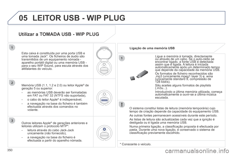 Peugeot 3008 Hybrid 4 2014 Manual do proprietário (in Portuguese) 05
350
LEITOR USB - WIP PLUG
O sistema constitui listas de leitura (memória temporária) cujo \
tempo de criação depende da capacidade do equipamento USB.
As outras fontes permanecem acessív Peugeot 3008 Hybrid 4 2014 Manual do proprietário (in Portuguese) 05
350
LEITOR USB - WIP PLUG
O sistema constitui listas de leitura (memória temporária) cujo \
tempo de criação depende da capacidade do equipamento USB.
As outras fontes permanecem acessív