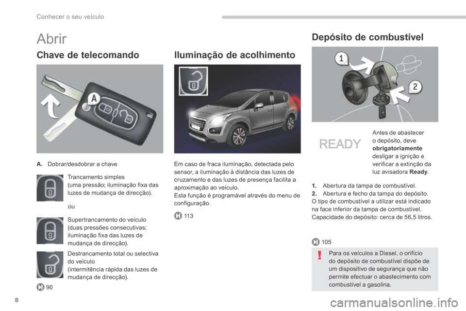 Peugeot 3008 Hybrid 4 2014  Manual do proprietário (in Portuguese) 90
105
11 3
Conhecer o seu veículo
8
 Abrir 
  Chave  de  telecomando 
A.   Dobrar/desdobrar  a  chave  
 Trancamento  simples  (uma pressão; iluminação fixa das luzes de mudança de direcção). 